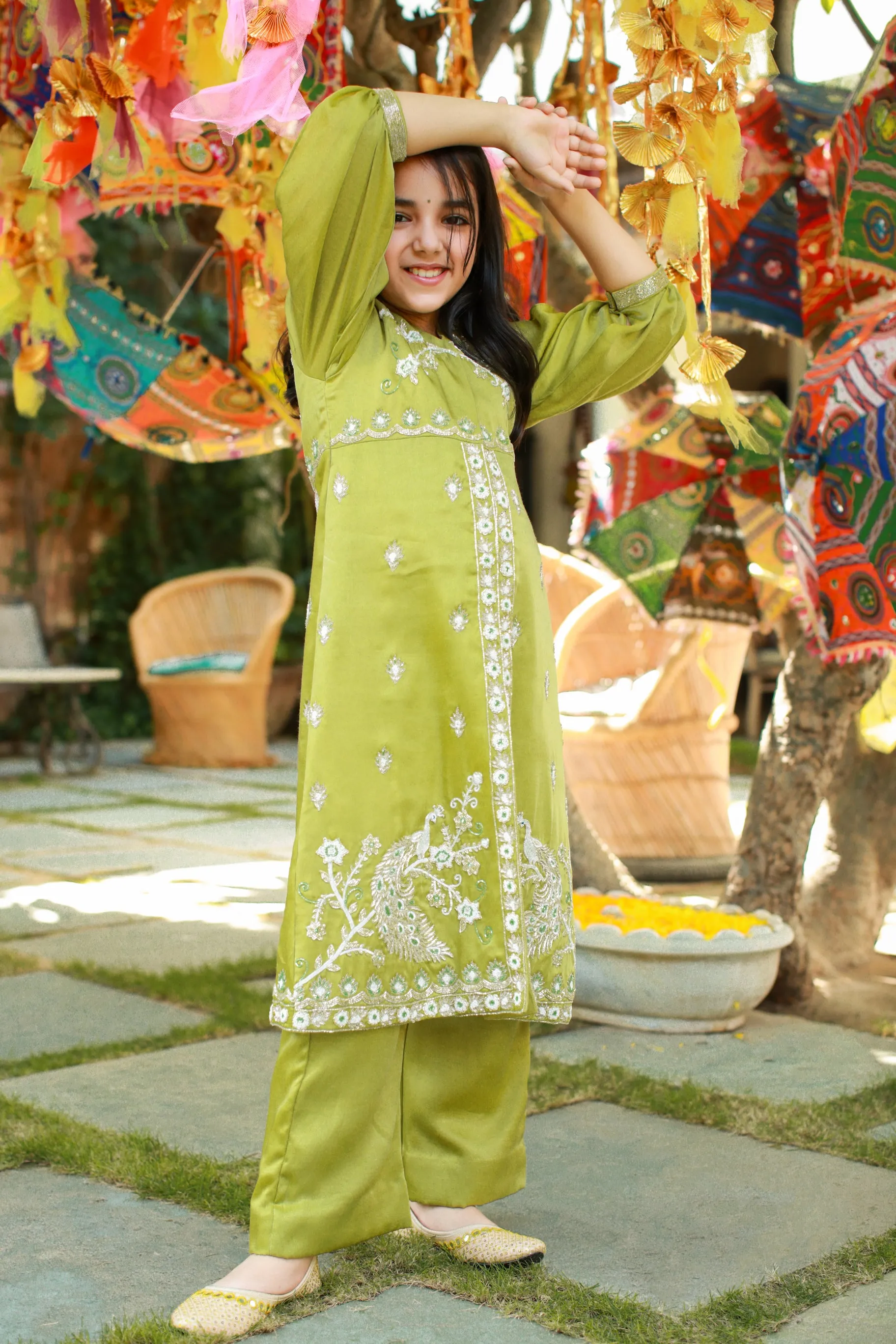 Shaadmaani- Olive Sage-Green Embroidered Jacket With Trousers Set For Girls