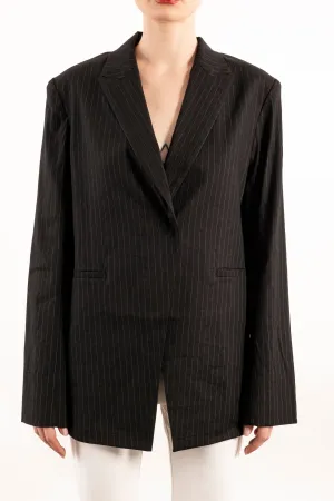 Stretch Pin Stripe Linen Blazer with Sheer Back - YOSEMITE