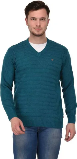 Stylish Blue Solid Wool Long Sleeves V-neck Sweater