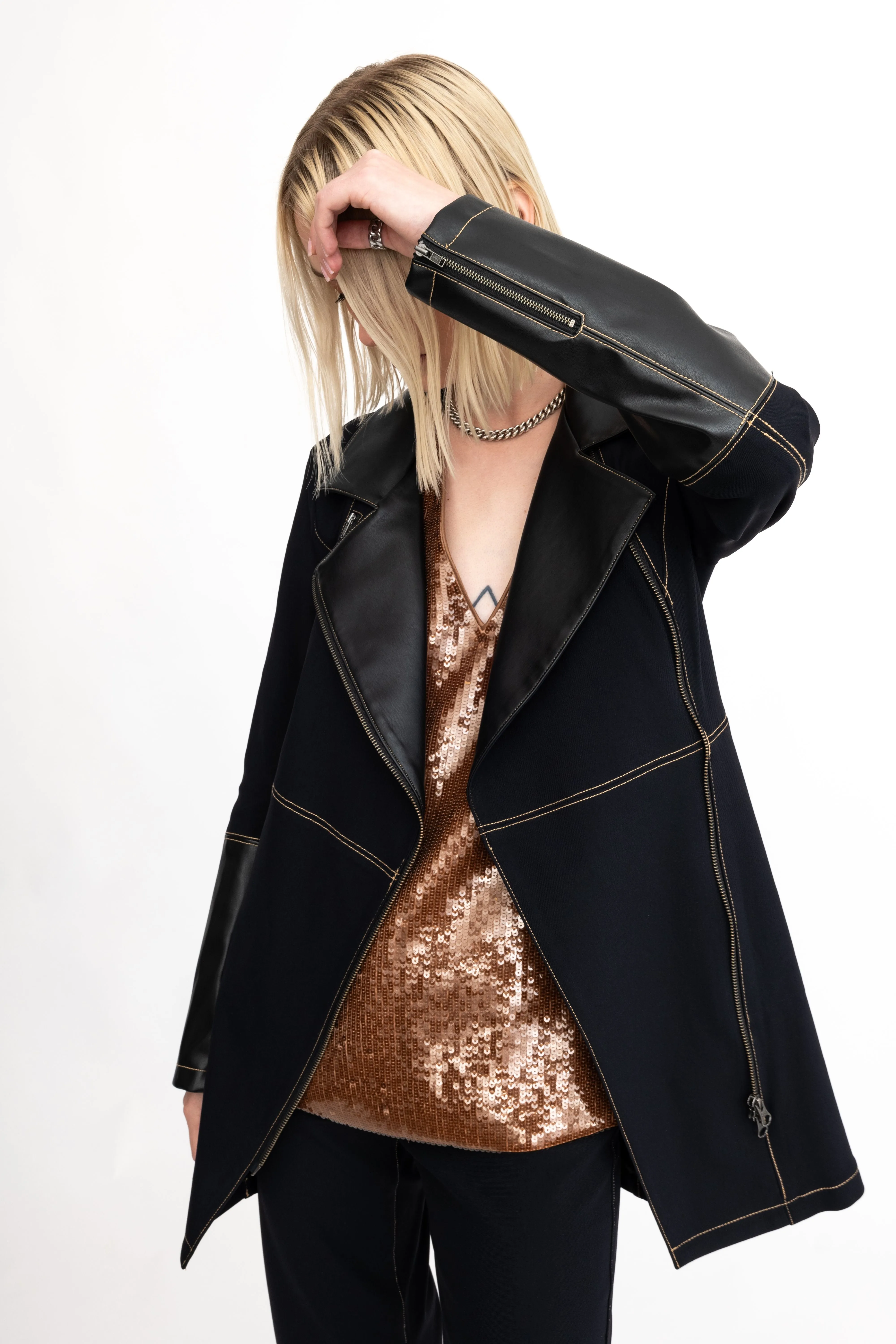 Tech Stretch Moto Coat with Vegan Leather & Contrast Stitching - ASANA H24