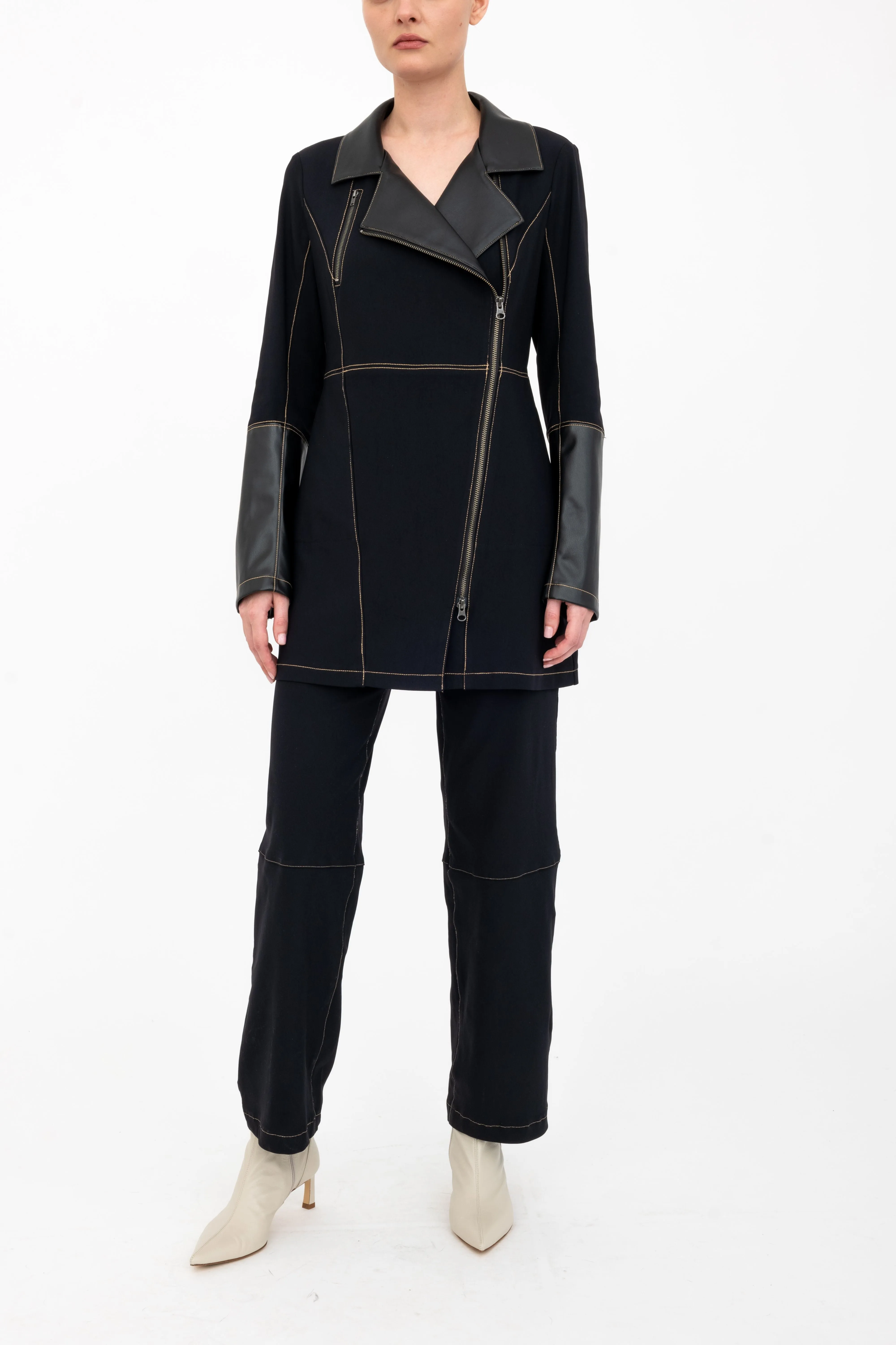 Tech Stretch Moto Coat with Vegan Leather & Contrast Stitching - ASANA H24