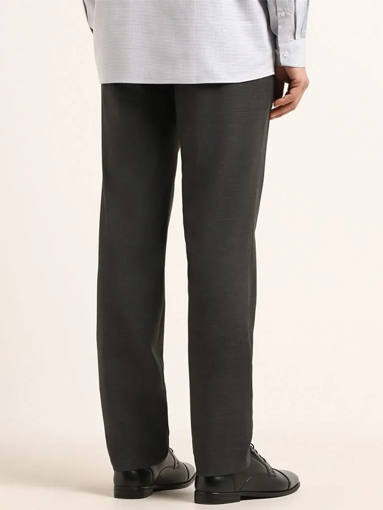 WES Formals Dark Grey Self-Patterned Cotton Slim Fit Trousers