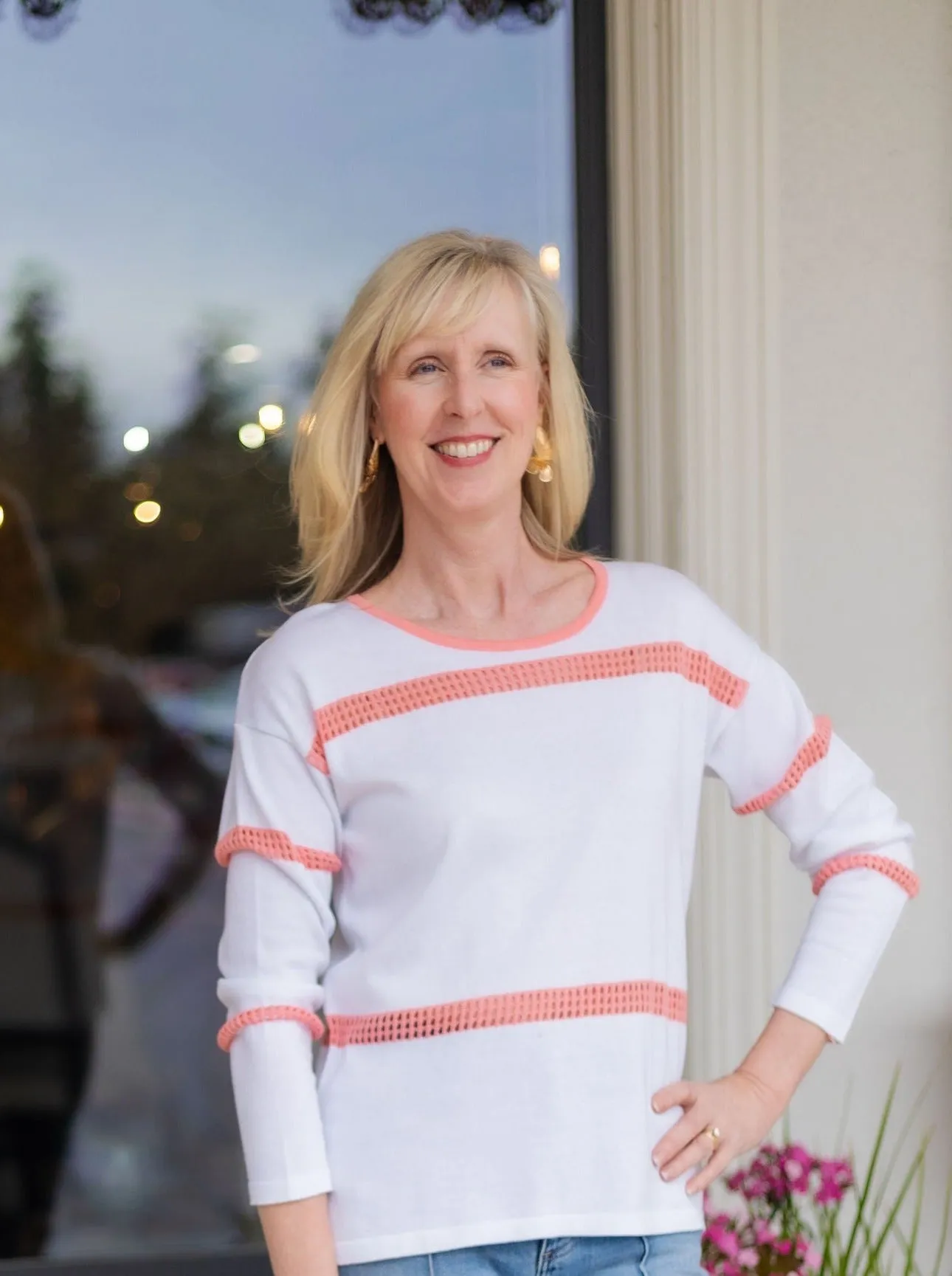 White and Coral Sweater