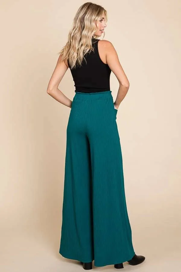 Wide Leg Ribbed Pants with Ruching and Frill Details