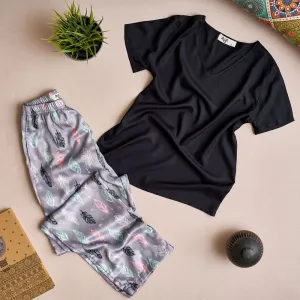 Women summer pajama set Black top   Colorful Feathers Pants